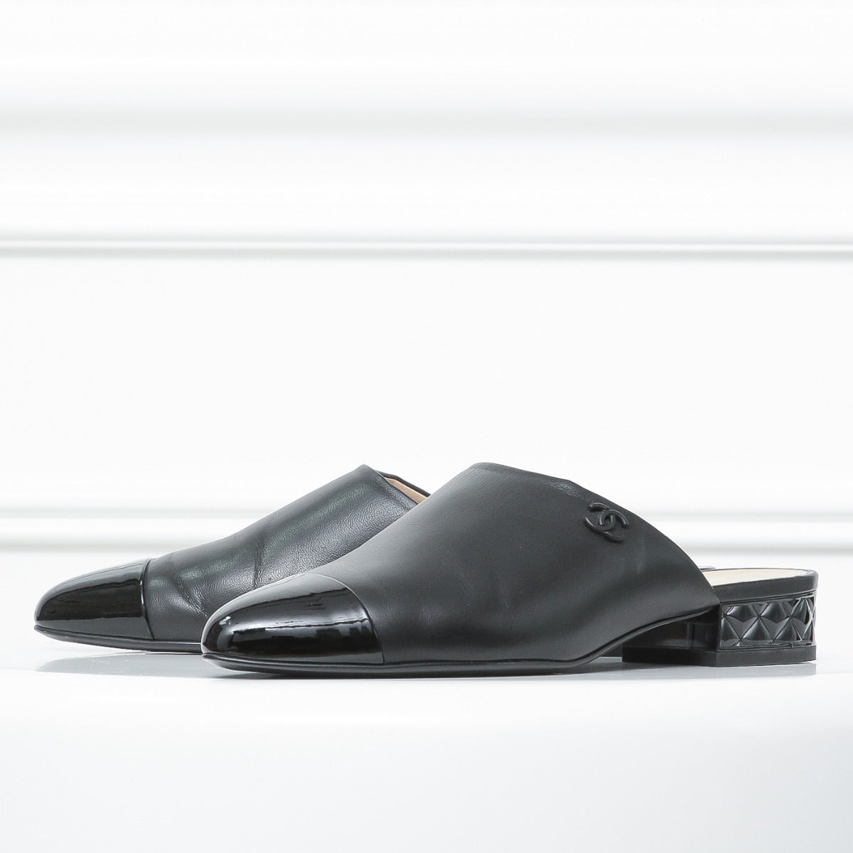 Chanel Black Cap Toe Mules Slides 36.5