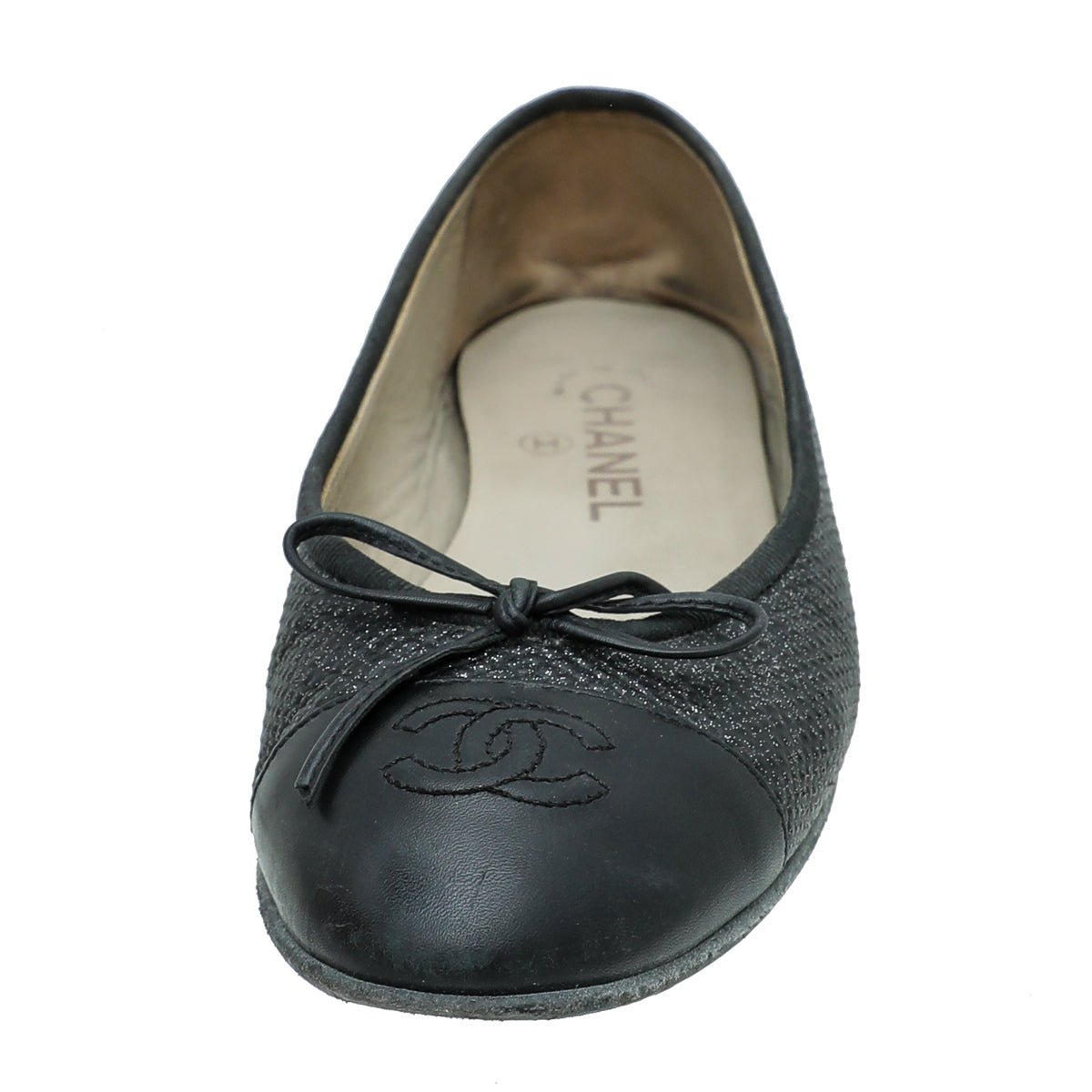 Chanel Black CC Cap Toe Bow Flat Ballerina 37.5