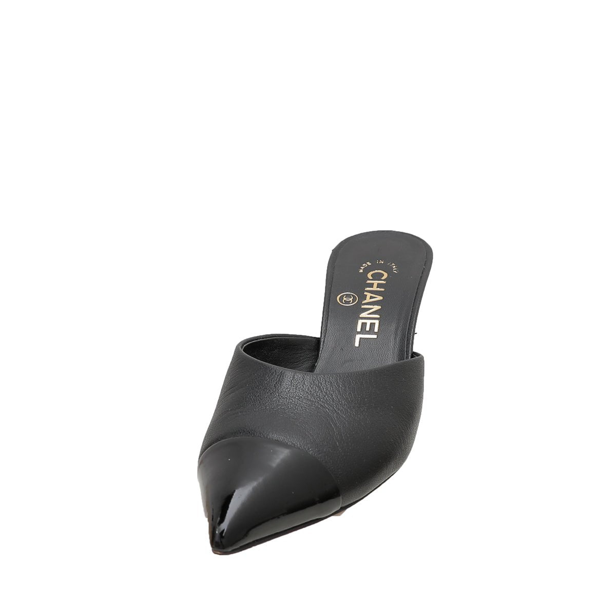 Chanel Black CC Cap Toe Pearl Heel Mules 36