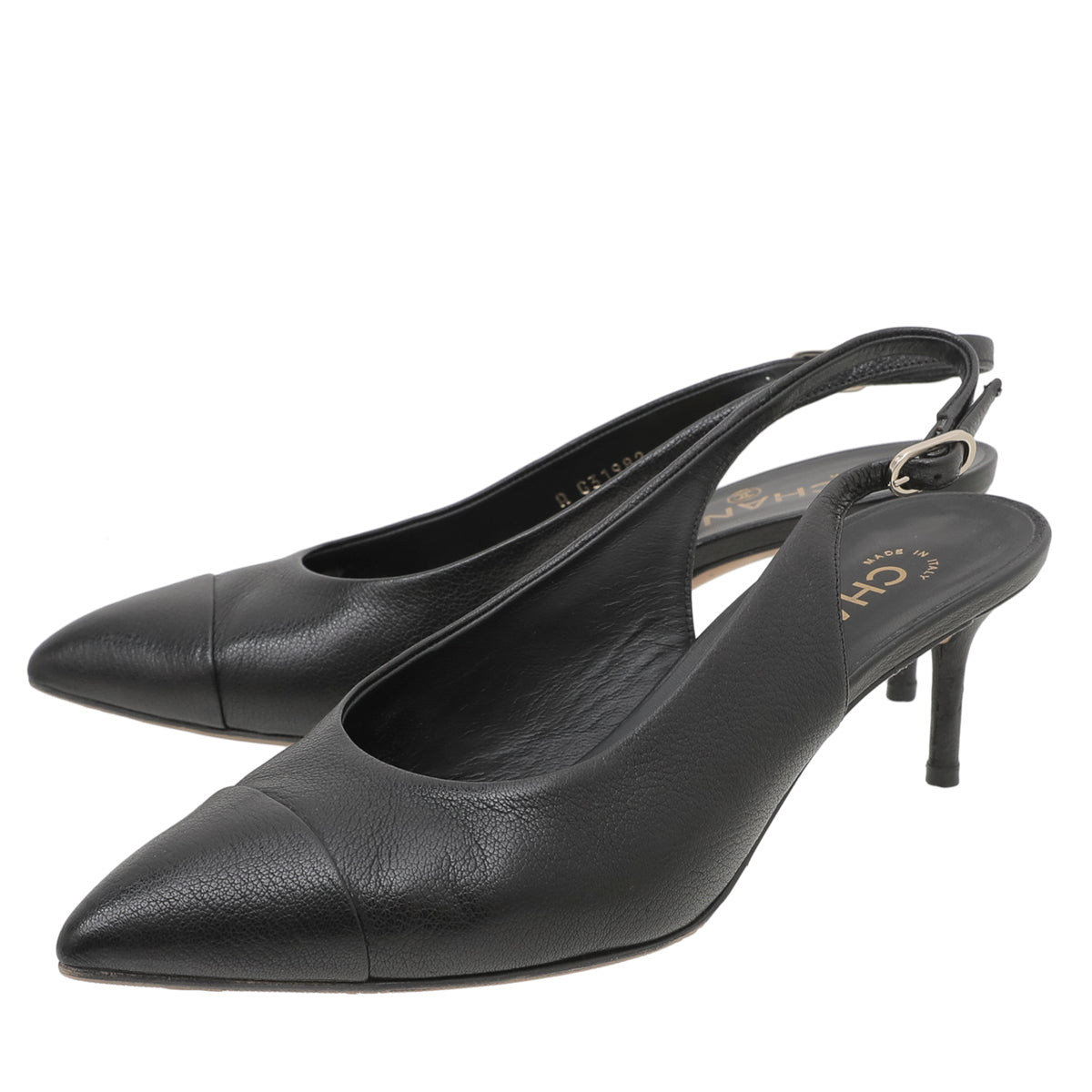 Chanel Black CC Cap Toe Pointed Slingback Pumps 39