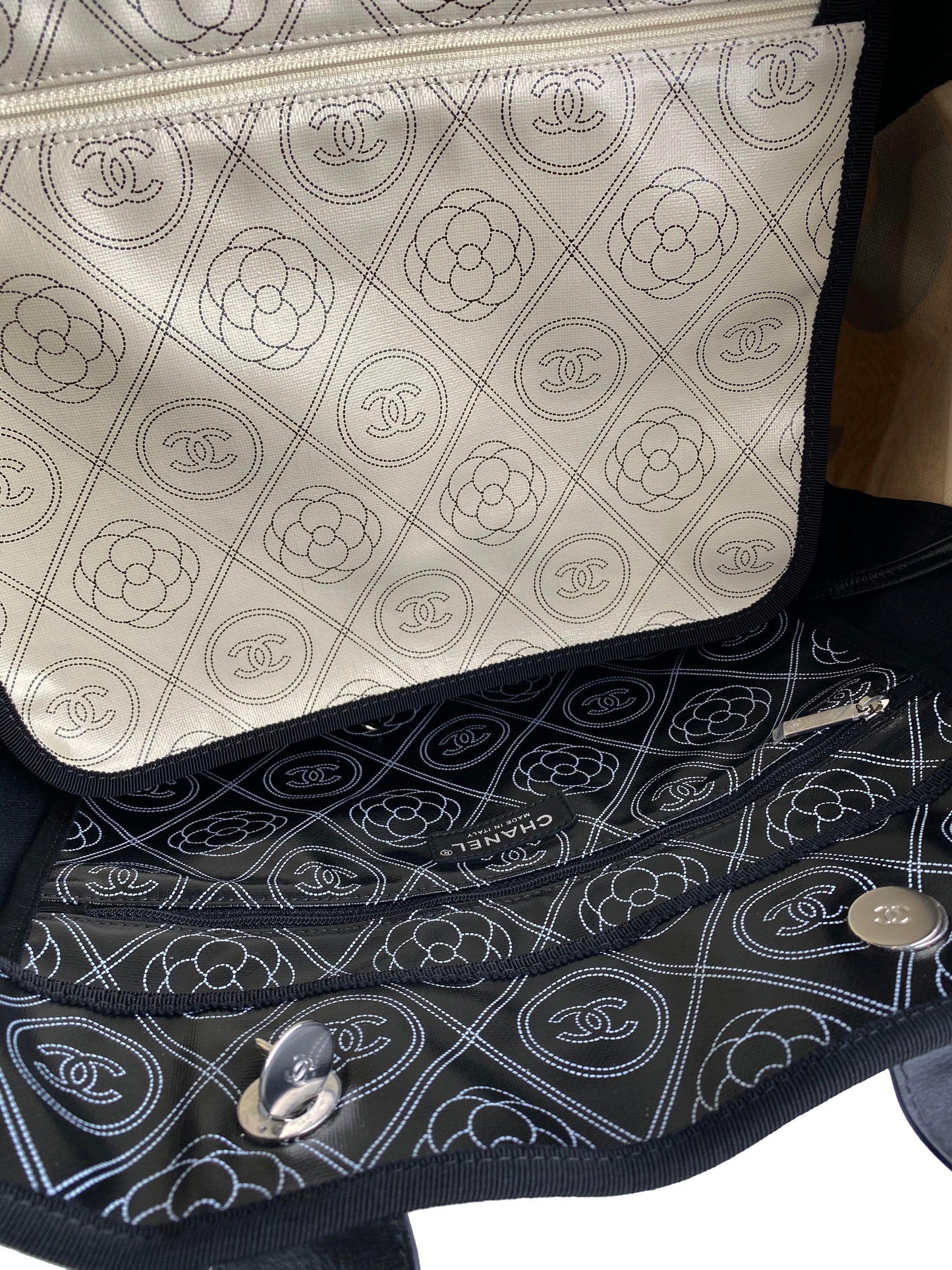 Chanel Black & White Logo Camellia Large Shopping Tote