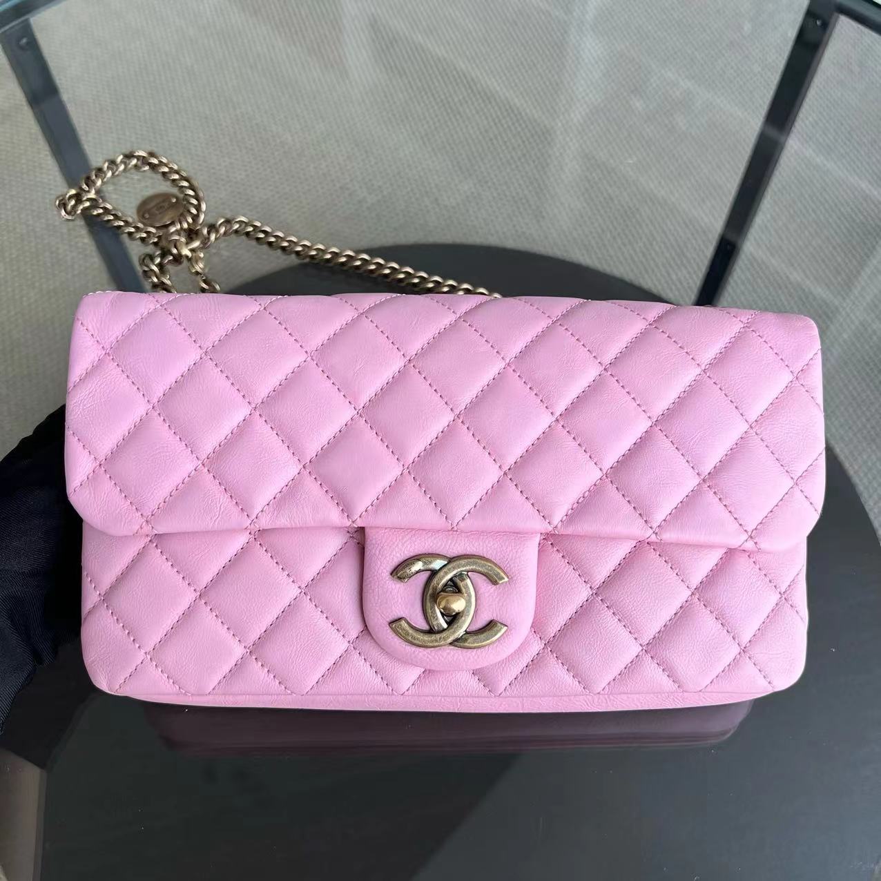 Chanel Calfskin CC Seasonal Flap Zipped Single Flap Quilted Pink Golden Hardware Series 18