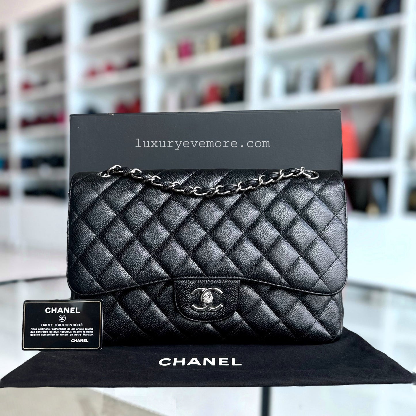 Chanel Classic Flap Jumbo - Caviar Double Flap Quilted Grained Calfskin Black Silver Hardware Series 14