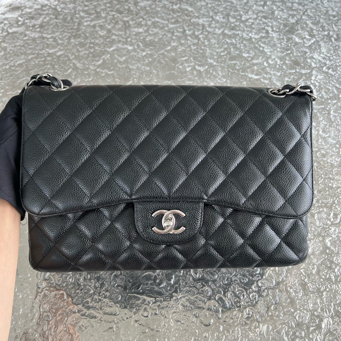 Chanel Classic Flap Jumbo - Caviar Double Flap Quilted Grained Calfskin Black Silver Hardware Series 14