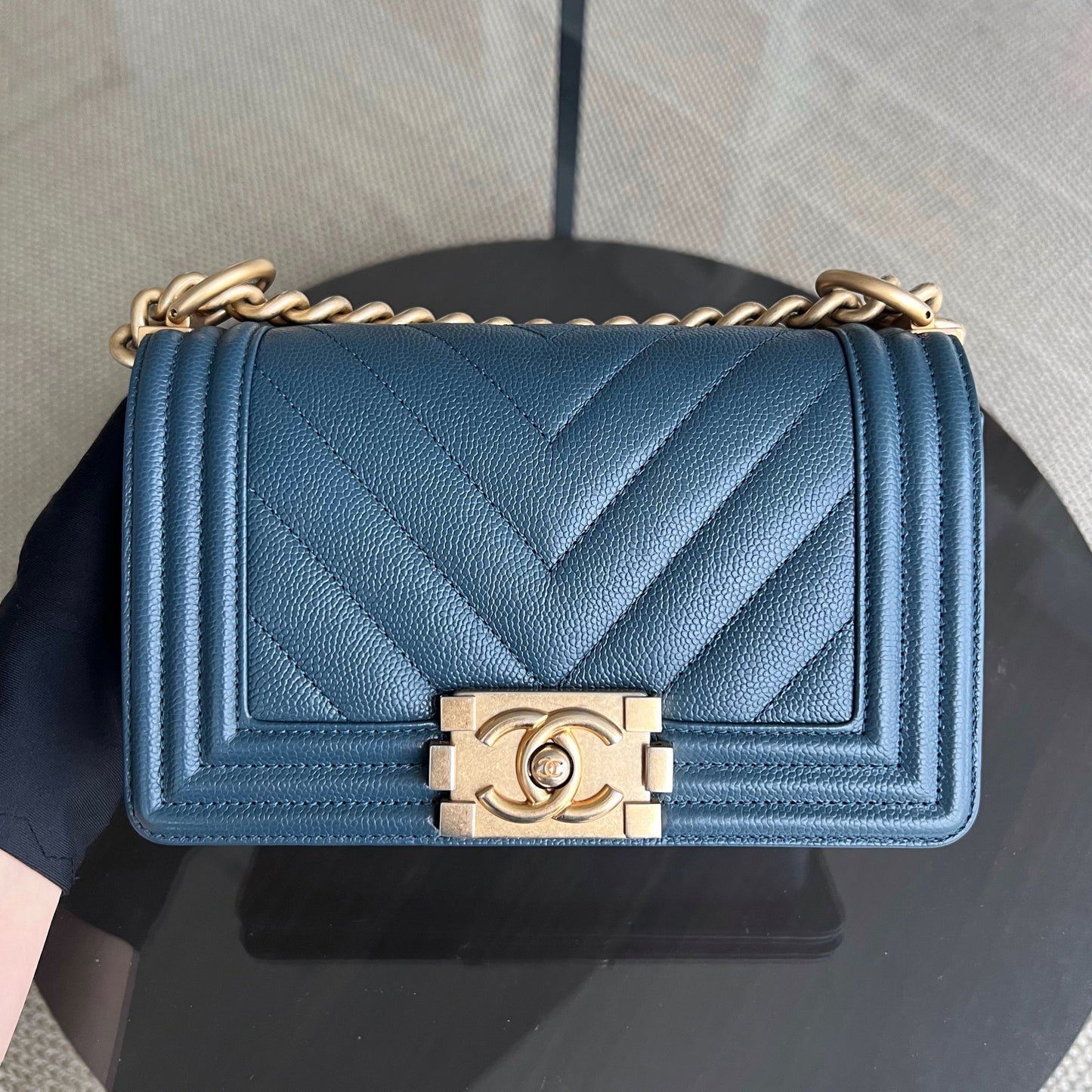 Chanel Boy Small - Caviar 20CM Chevron Grained Calfskin Dark Blue Leboy Gold Hardware Series 25
