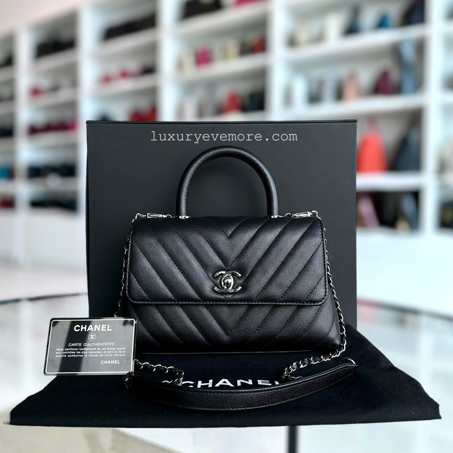 Chanel Coco Handle Small - Caviar Chevron Grained Calfskin Black Ruthenium Silver Hardware Series 28
