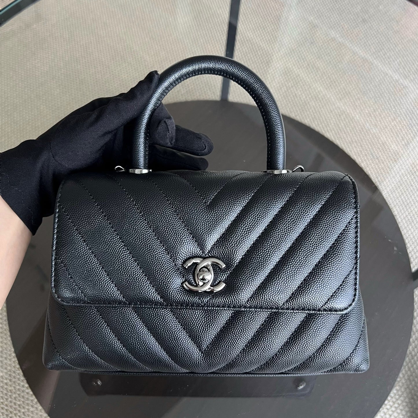 Chanel Coco Handle Small - Caviar Chevron Grained Calfskin Black Ruthenium Silver Hardware Series 28