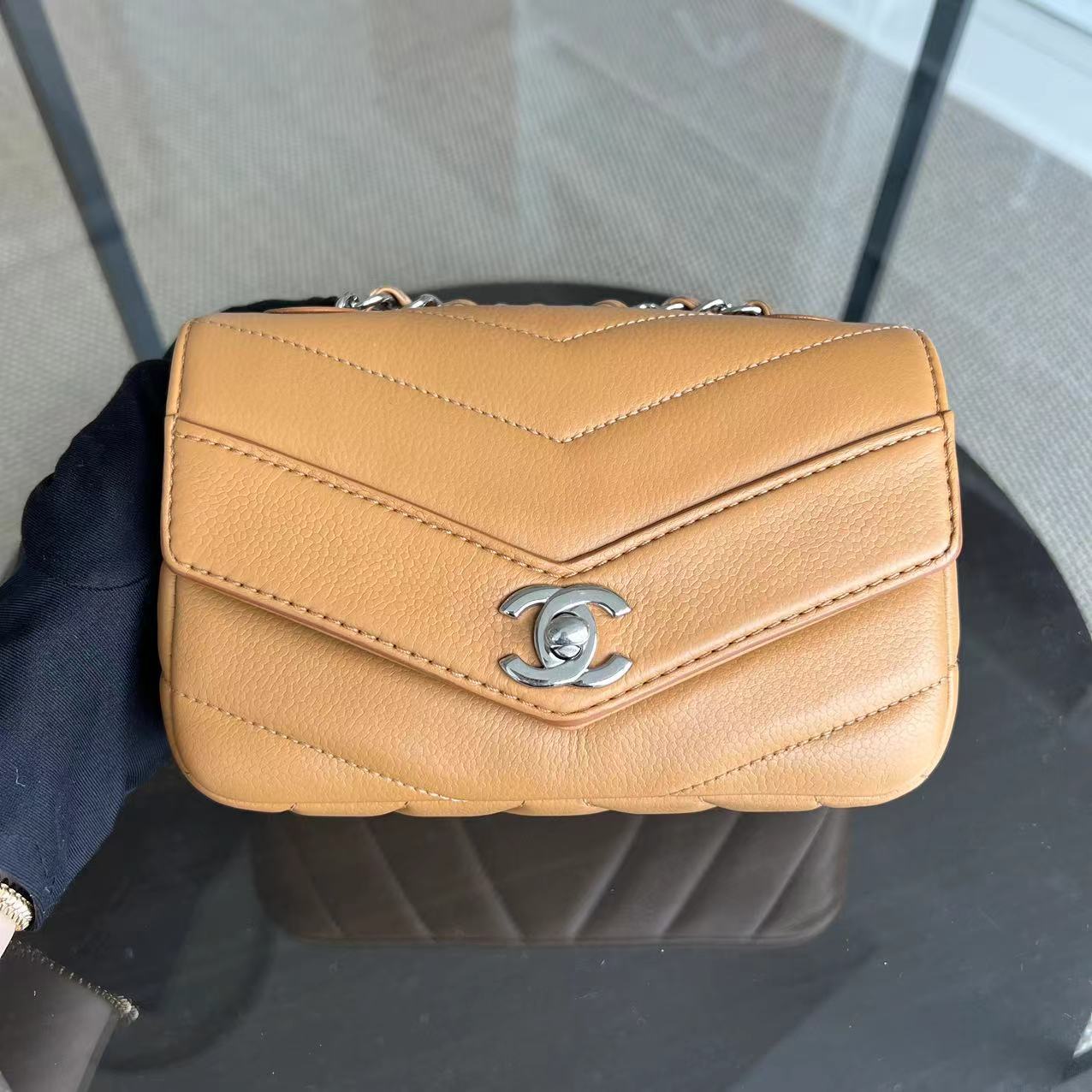 Chanel Mini Square Flap - Caviar V Stitch Chevron Seasonal Calfskin Light Brown SHW No 24