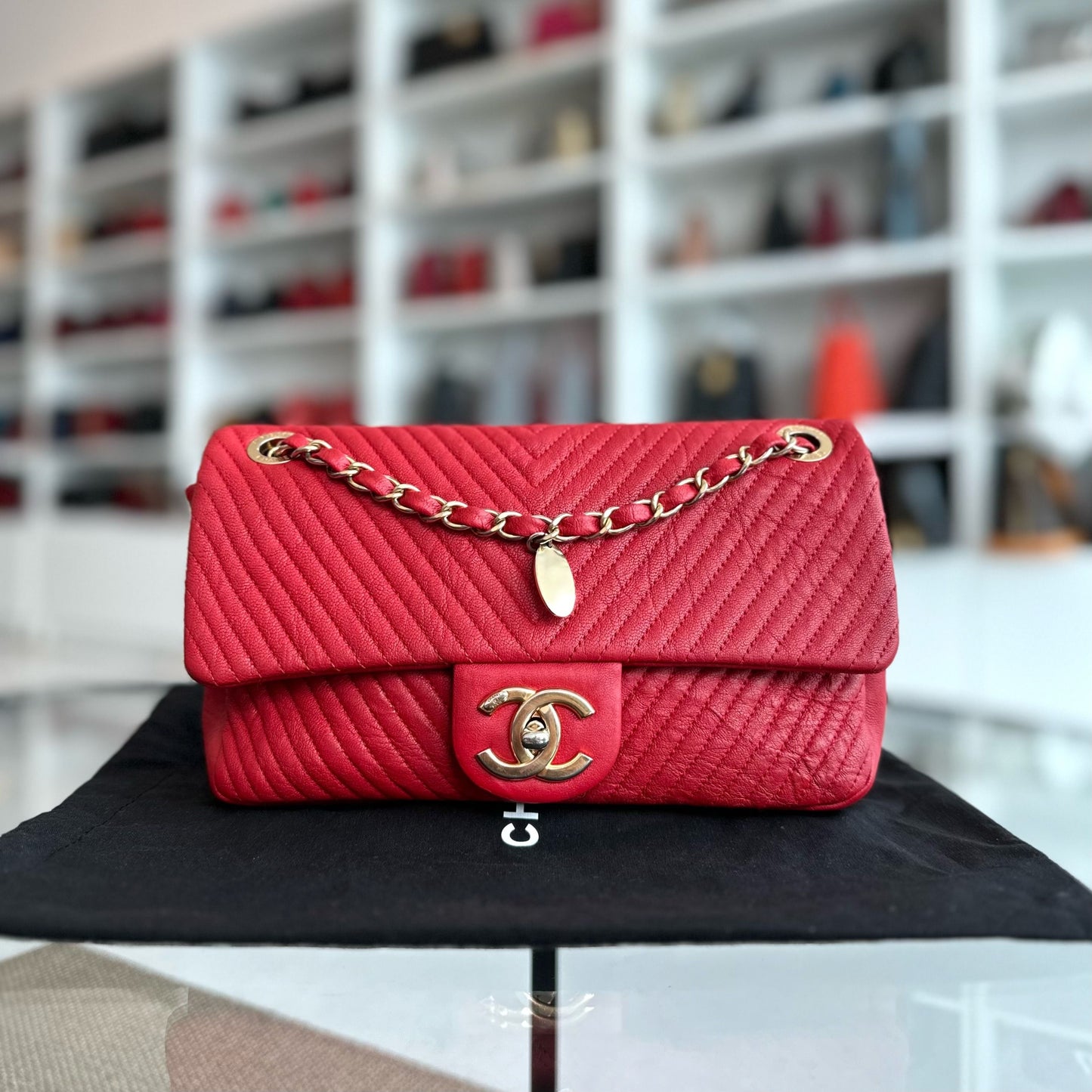 Chanel Herringbone - Chevron Medallion Seasonal Flap Red Calfskin AGHW No 21