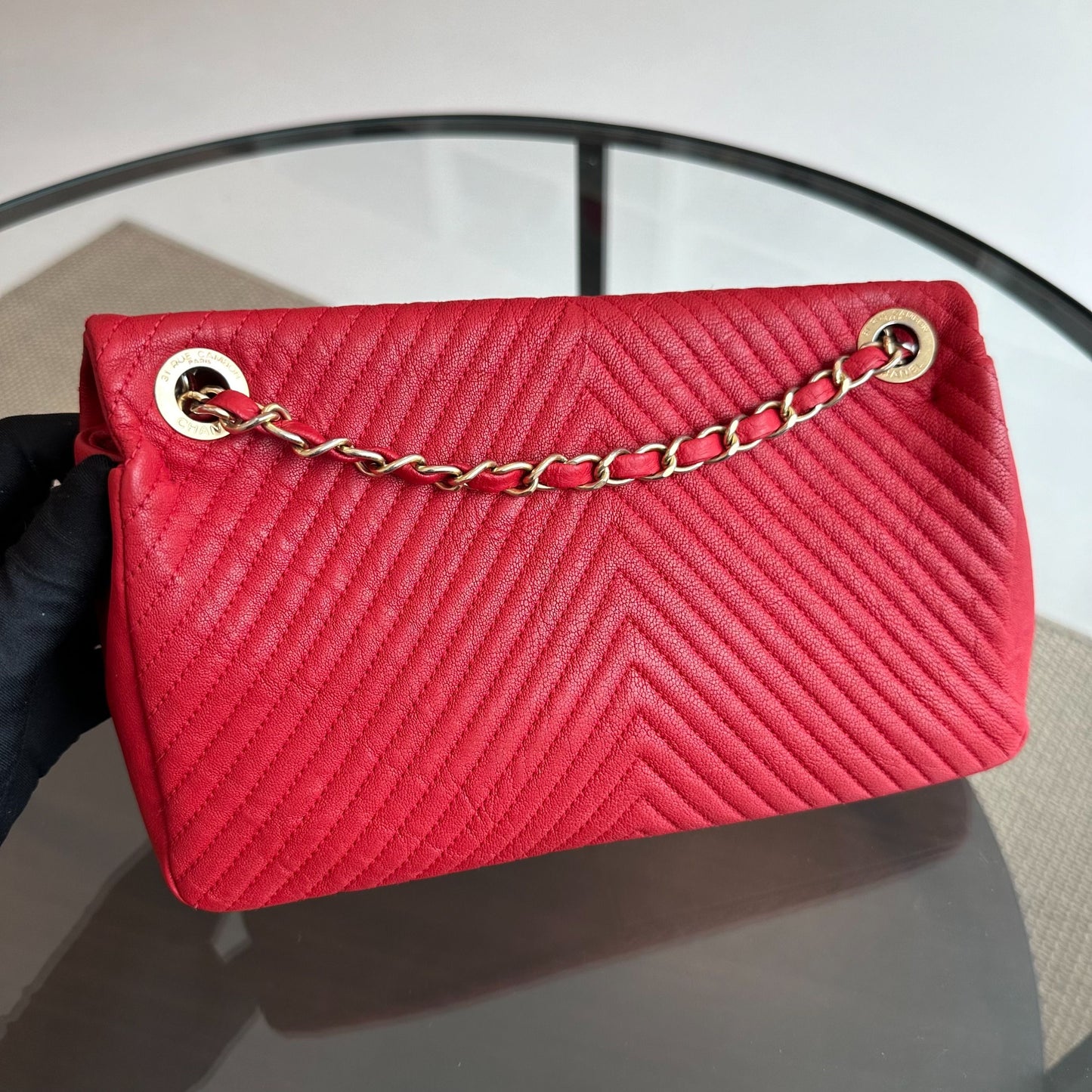 Chanel Herringbone - Chevron Medallion Seasonal Flap Red Calfskin AGHW No 21