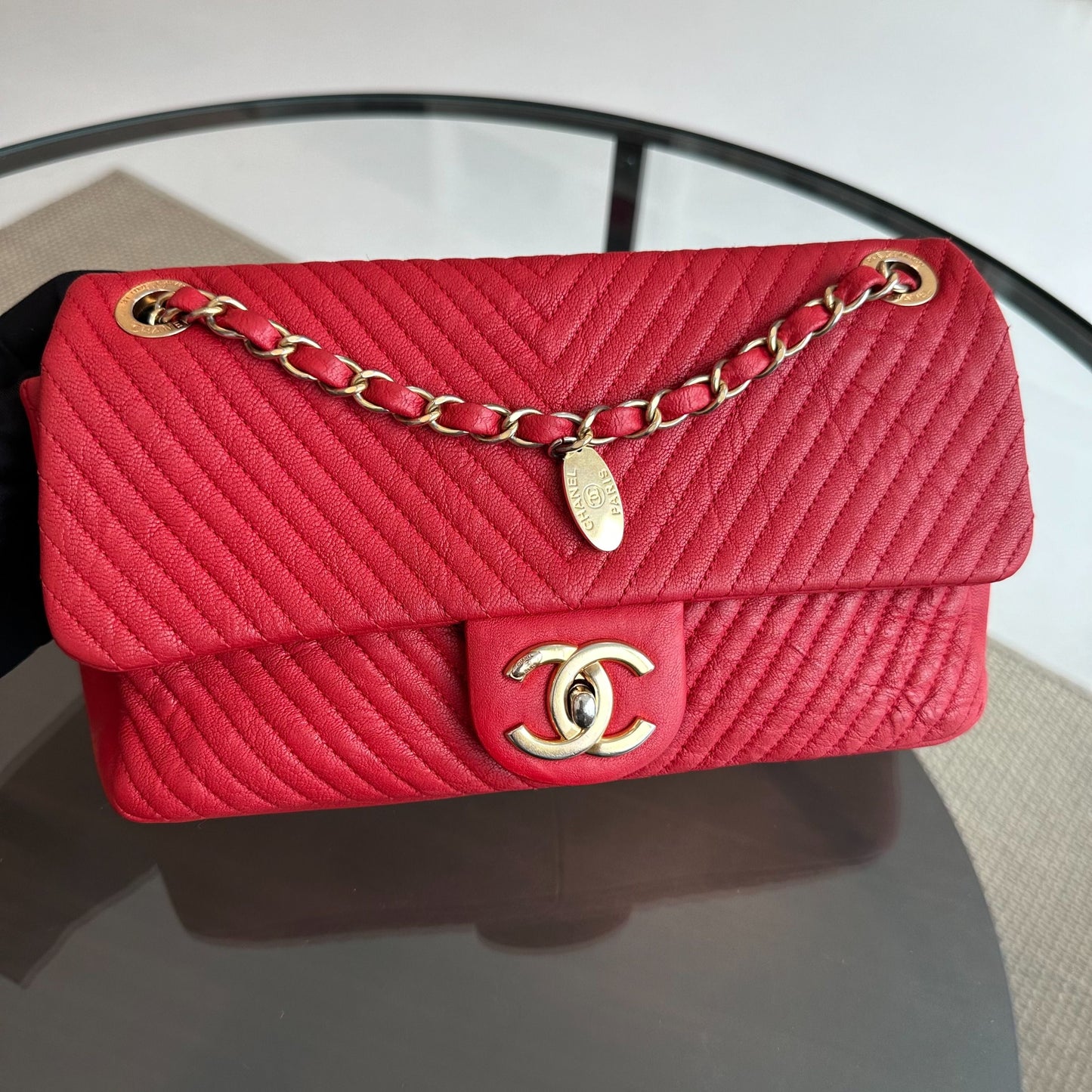 Chanel Herringbone - Chevron Medallion Seasonal Flap Red Calfskin AGHW No 21