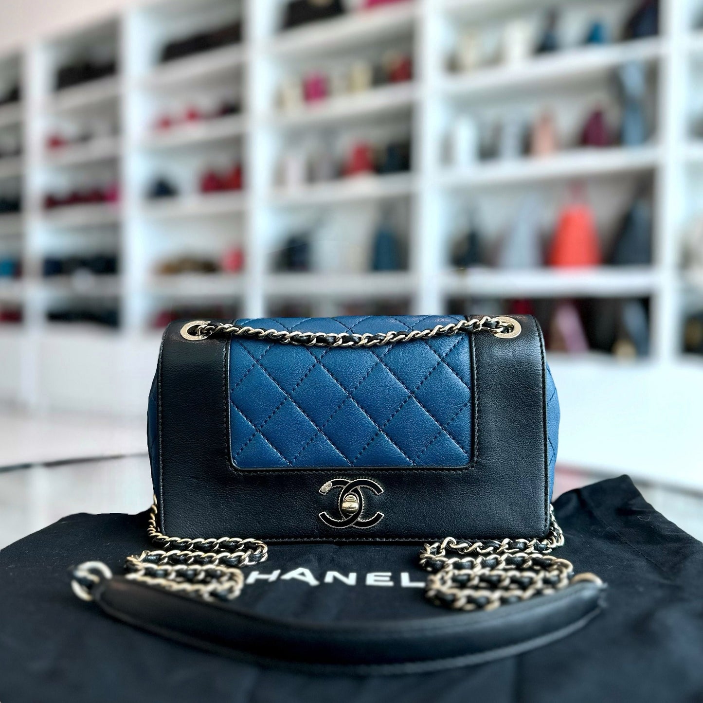 Chanel Mademoiselle Small - 20cm Seasonal Double Flap Calfskin Quilted Black Blue GHW No 23
