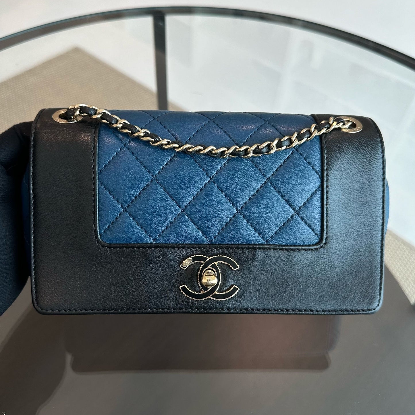 Chanel Mademoiselle Small - 20cm Seasonal Double Flap Calfskin Quilted Black Blue GHW No 23