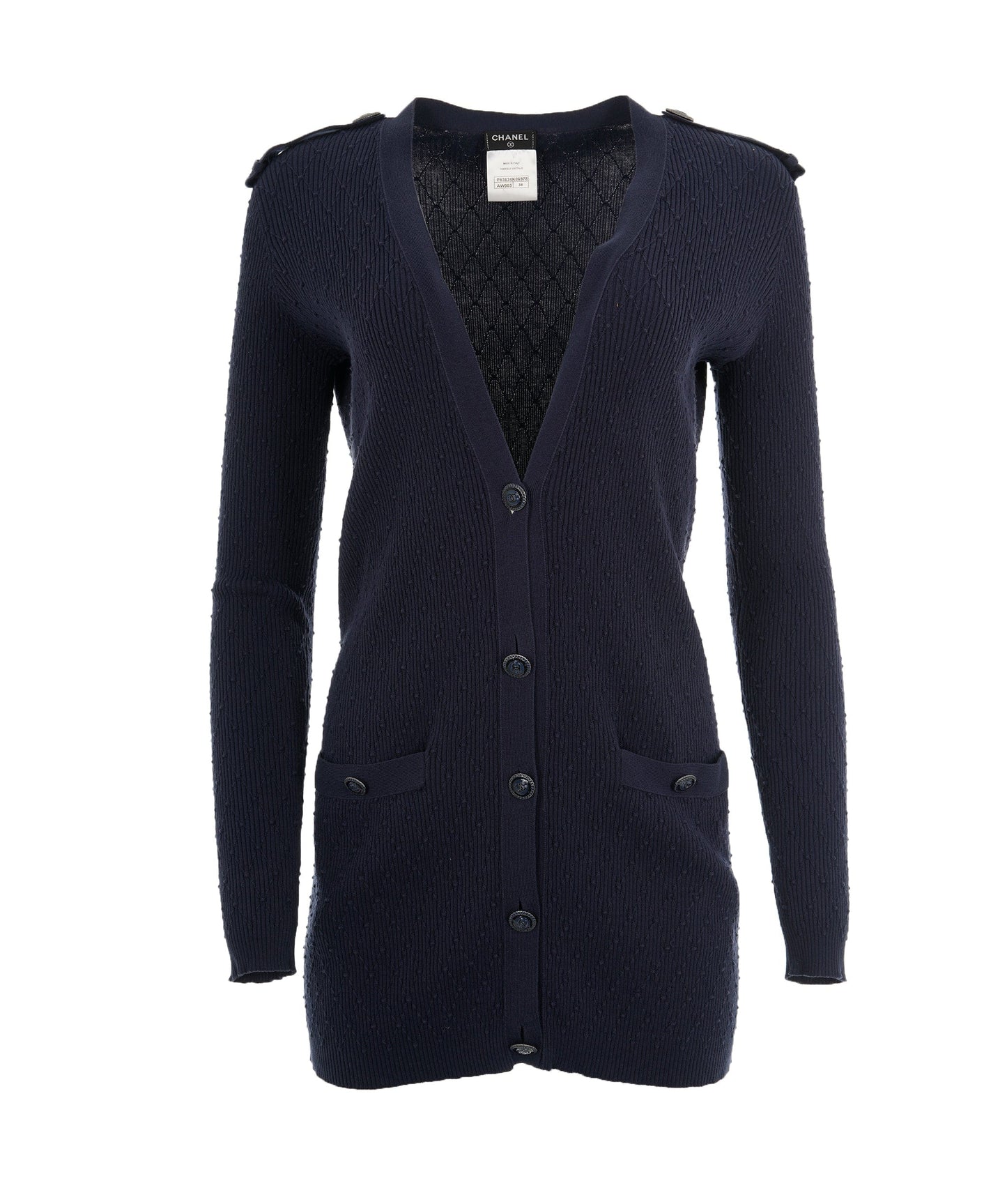 Chanel 17 Navy Cotton Pointelle CC Button Long Sleeve Cardigan 38 ALL0849