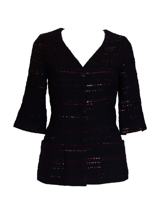 CHANEL 2000 Navy Burgundy Sequin Tweed Jacket DXBS2939