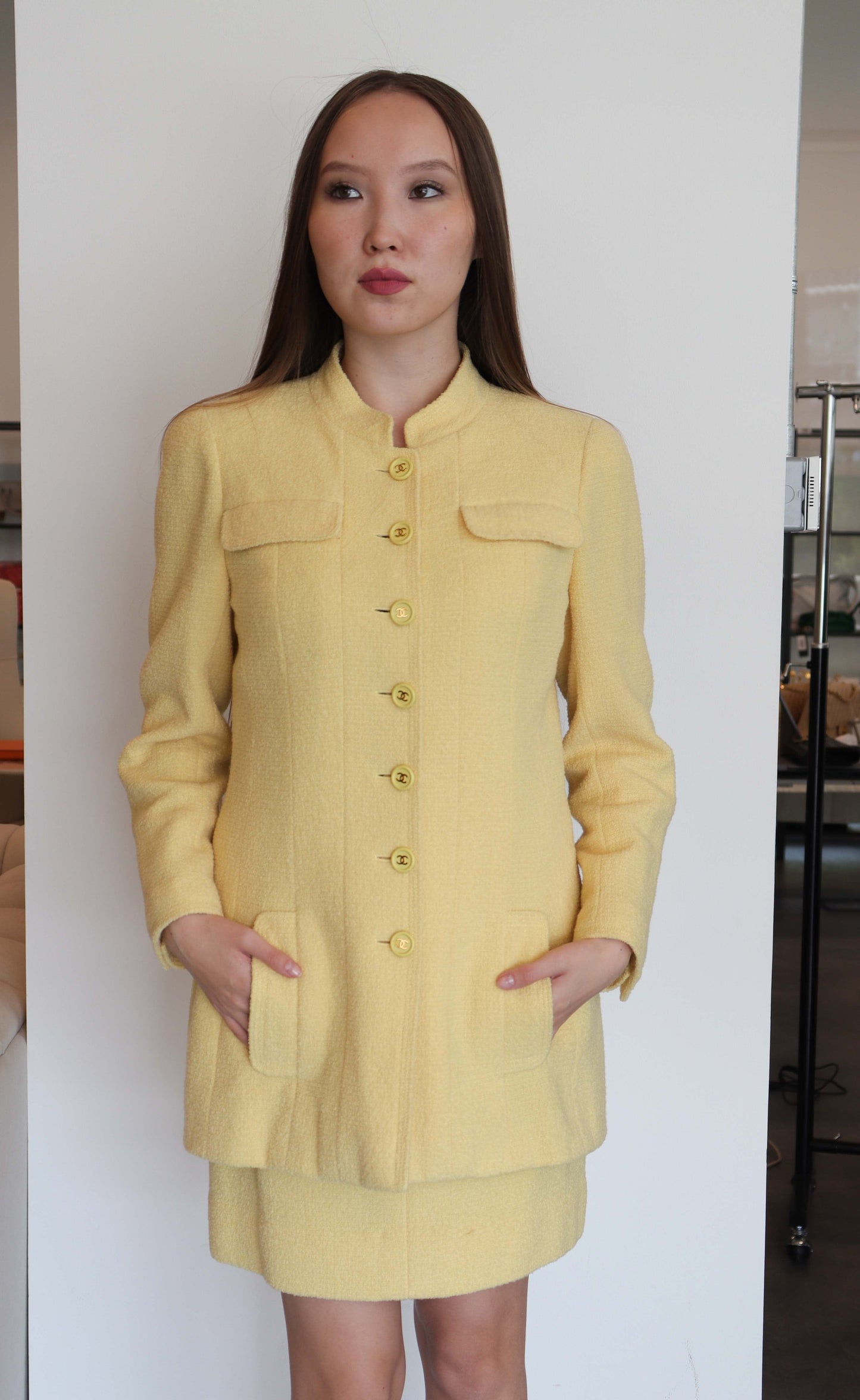 chanel baby chick yellow tweed bomber set DXBS2452