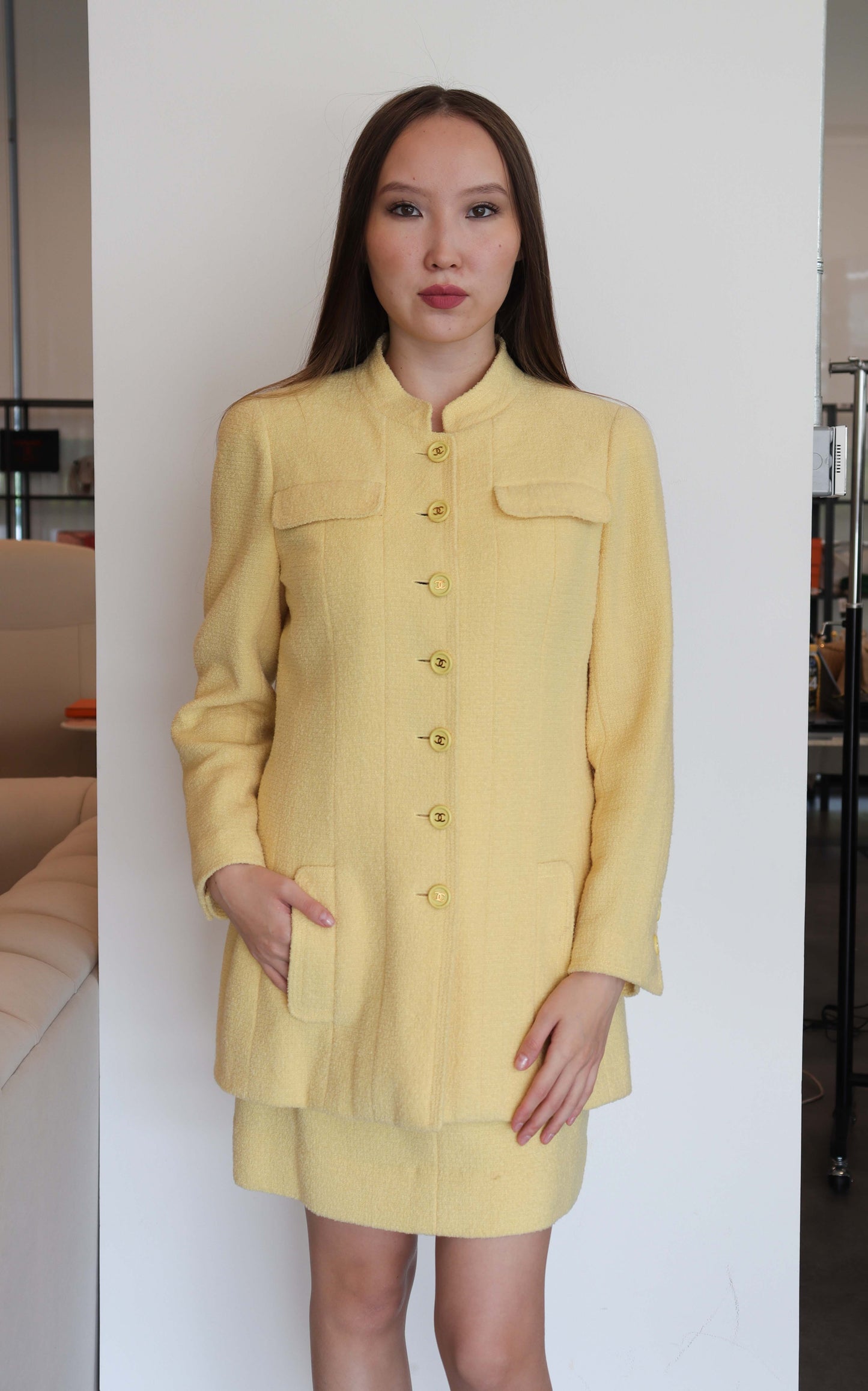 chanel baby chick yellow tweed bomber set DXBS2452