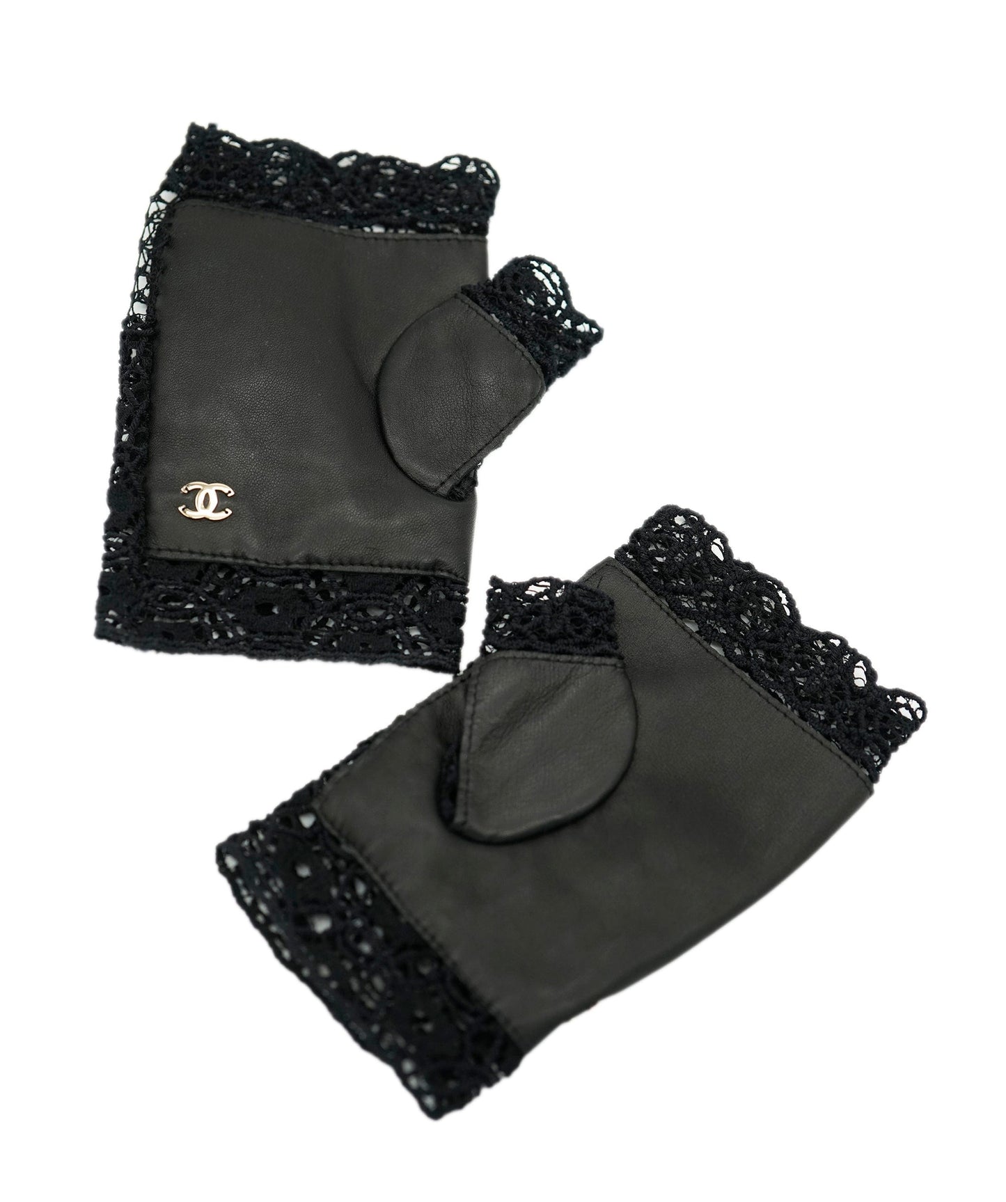 Chanel Black Lambskin & Crochet Lace CC Fingerless Gloves ABL0043