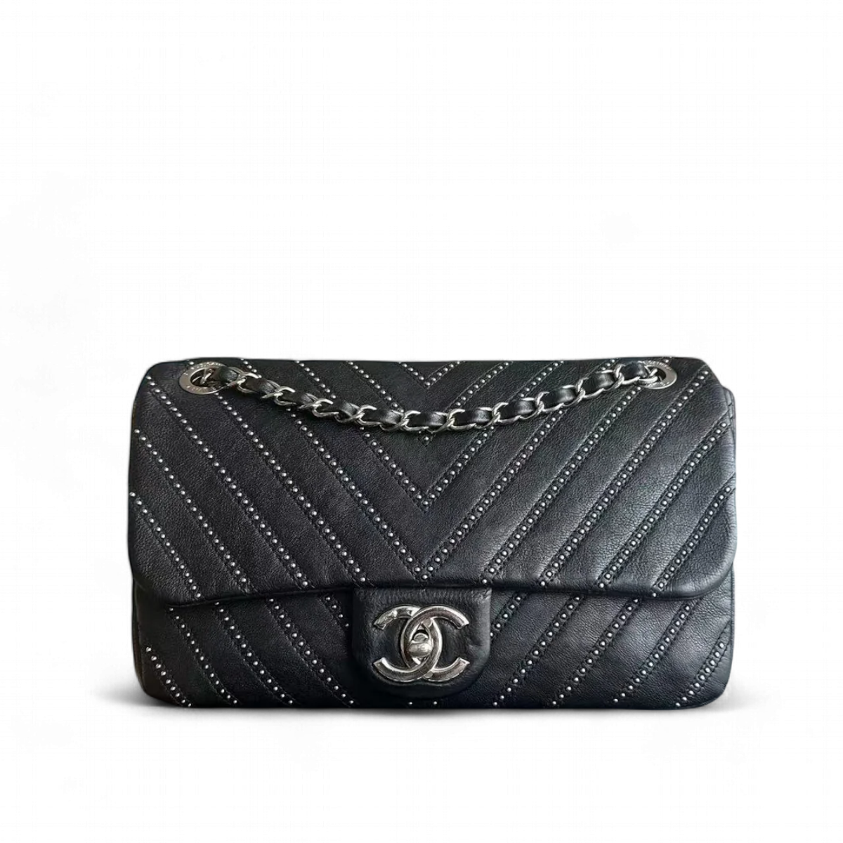 Chanel Seasonal Flap - Studded 25CM Chevron Calfskin Black Silver Hardware Series 24