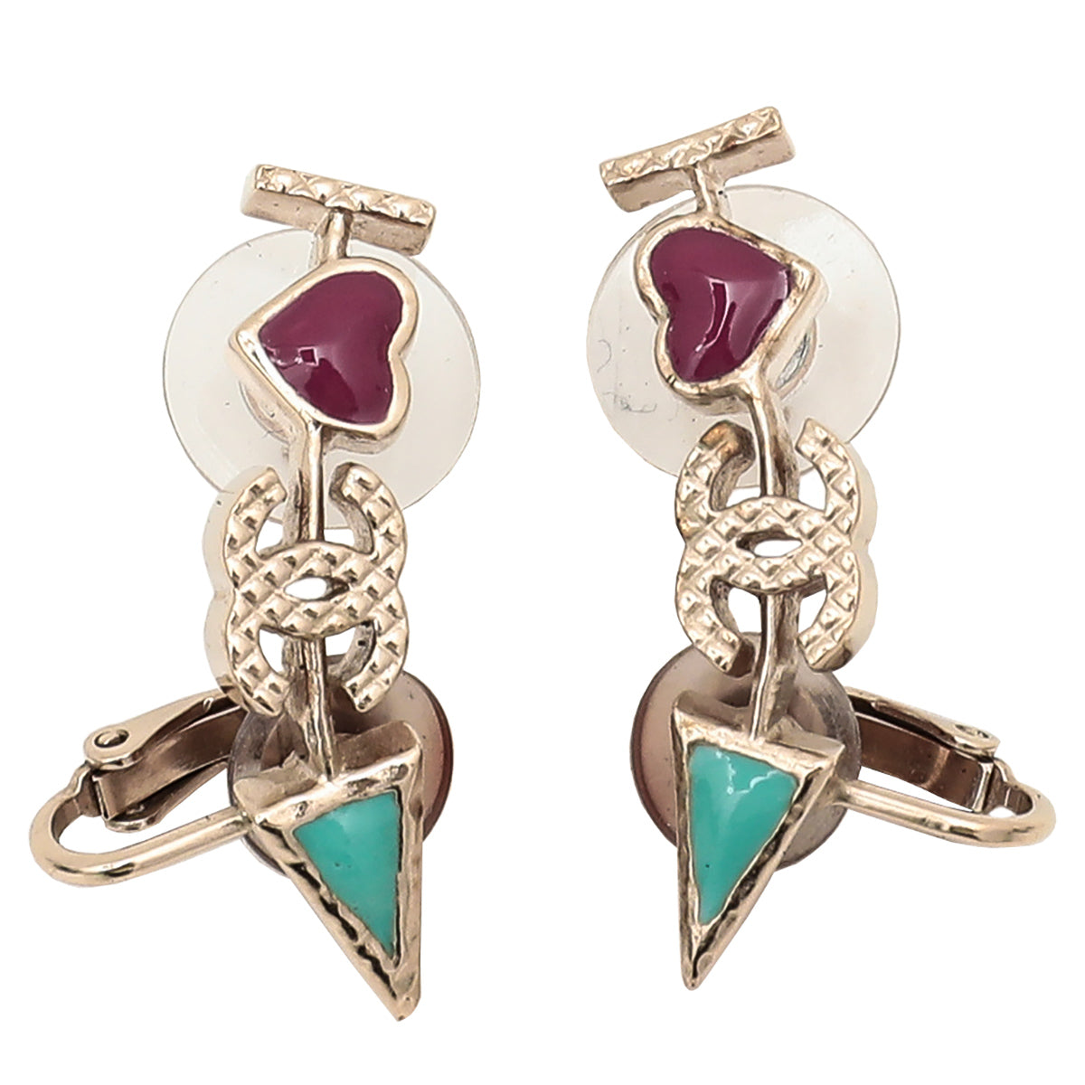 Chanel Gold Arrow Pierced CC Heart Clip On Stud Earrings