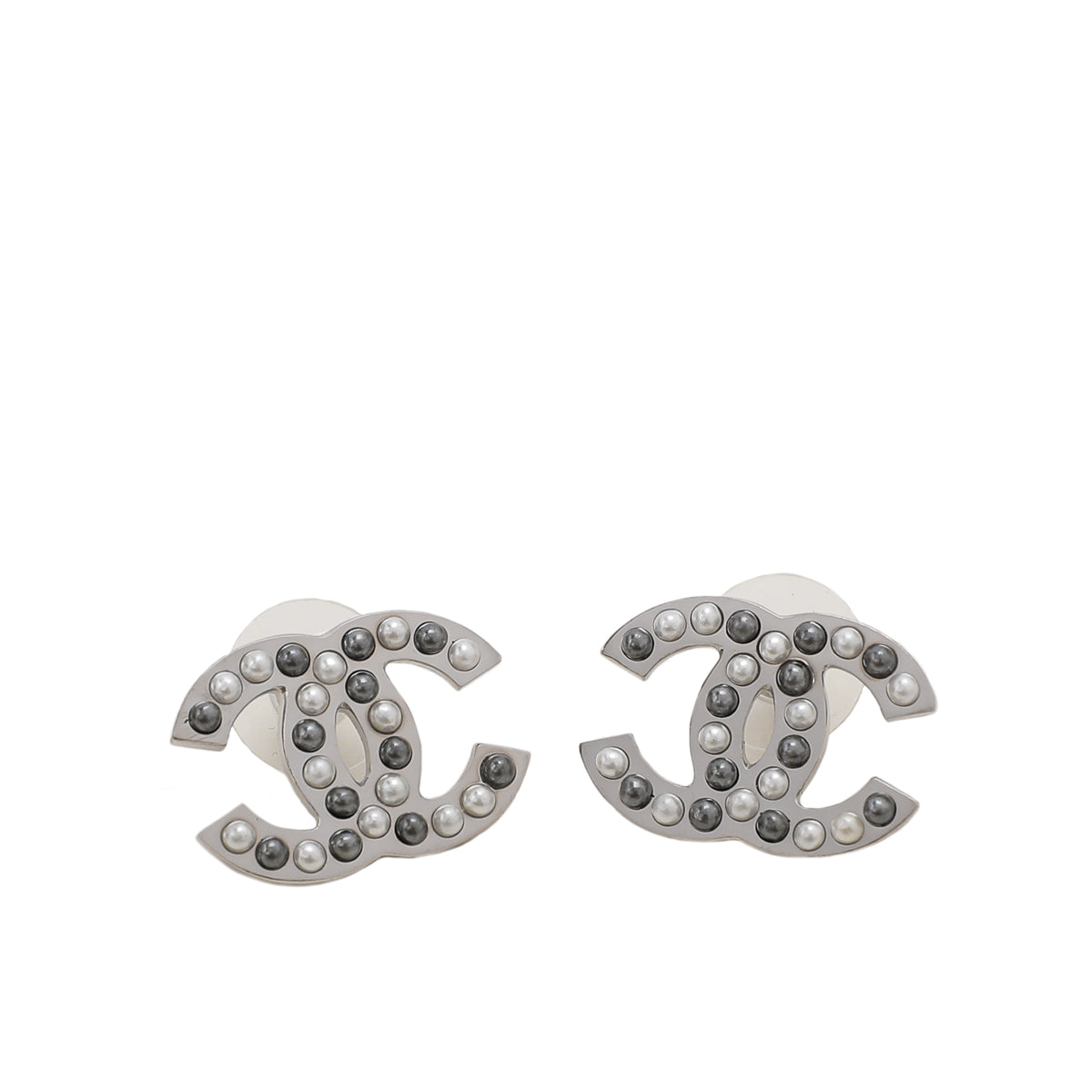 Chanel Silver CC Faux Pearl Studded Stud Earrings