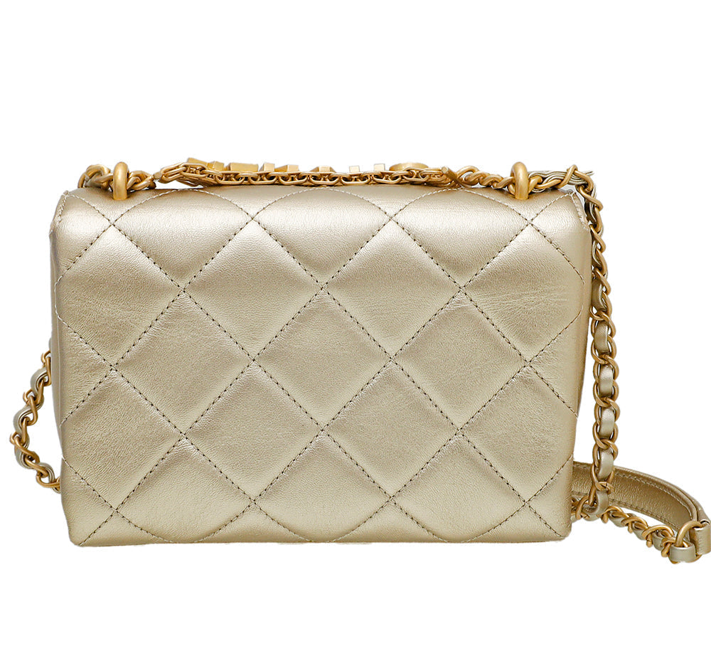 Chanel Metallic Gold Crystal Logo Multichain Top Handle Bag