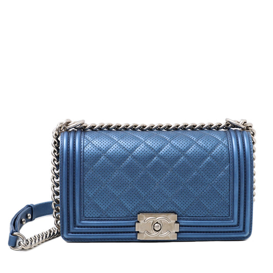 Chanel Metallic Blue Boy Perforated Medium Bag