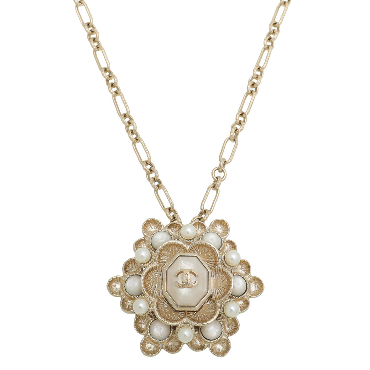 Chanel Ivory CC Camellia Pearl Pendant Chain Necklace