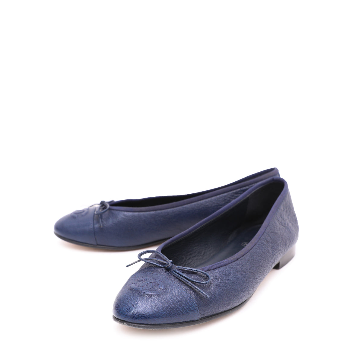 Chanel Navy Blue CC Cap Toe Bow Flat Ballerina 39