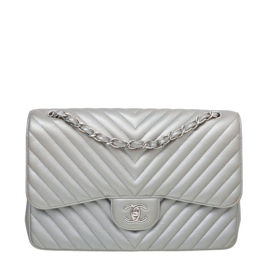Chanel Metallic Grey CC Chevron Double Flap Jumbo Bag