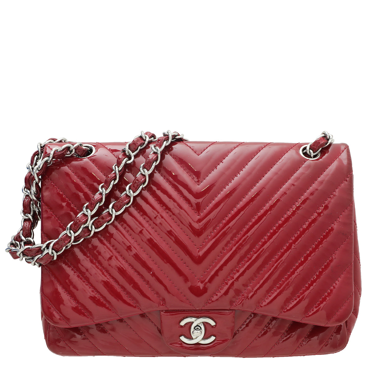 Chanel Red CC Chevron Single Flap Jumbo Bag