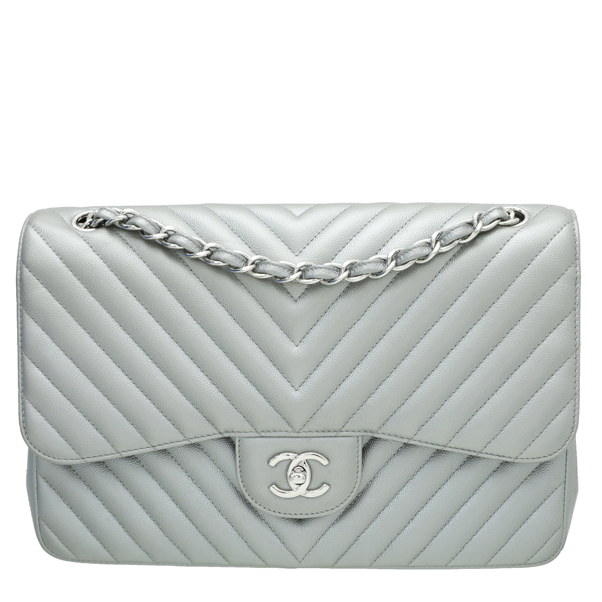 Chanel Metallic Grey CC Classic Chevron Double Flap Jumpo Bag