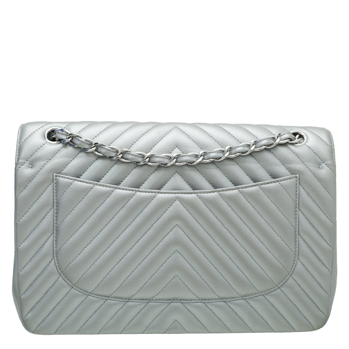 Chanel Metallic Grey CC Classic Chevron Double Flap Jumpo Bag
