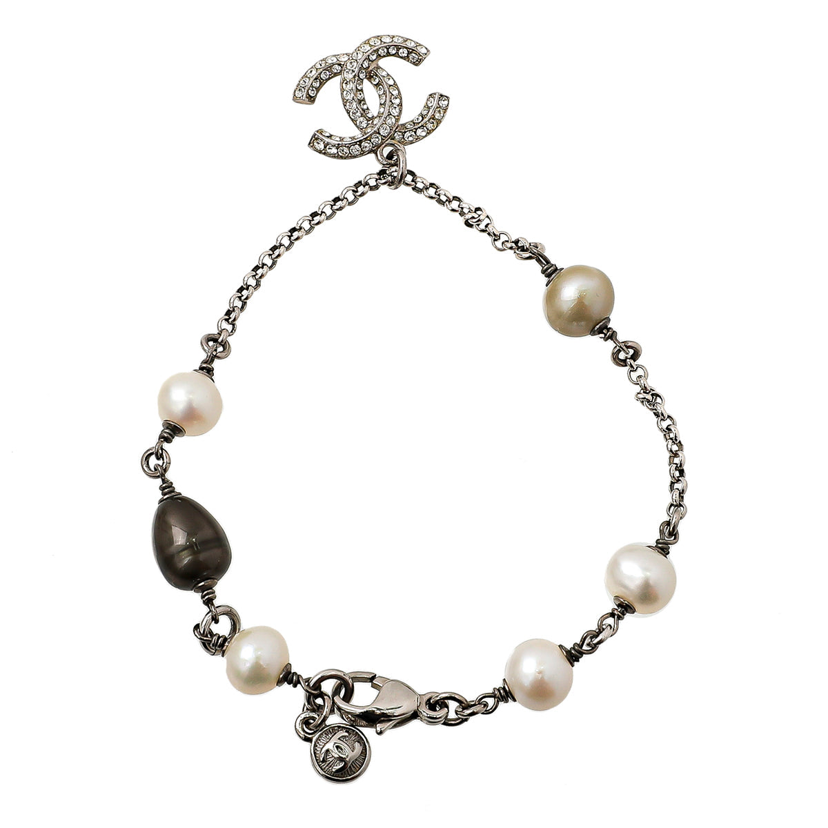 Chanel Silver CC Crystal Dangle Metal Pearls Bracelet