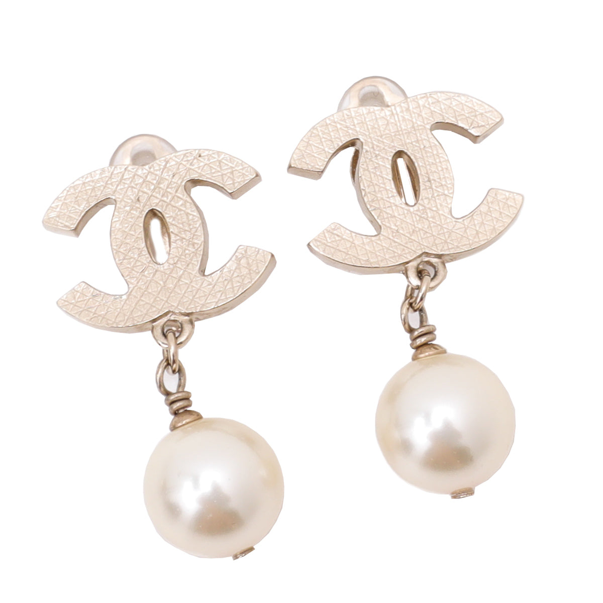 Chanel White CC Crystal Pearl Clip On Earrings