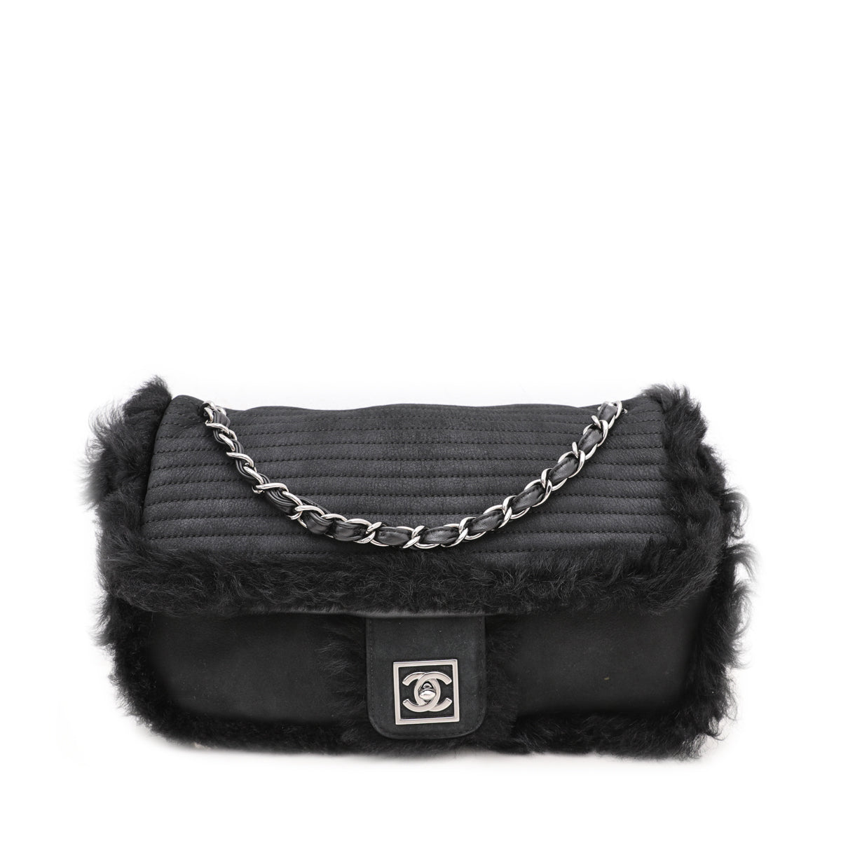 Chanel Black CC Mouton Fur Flap Bag
