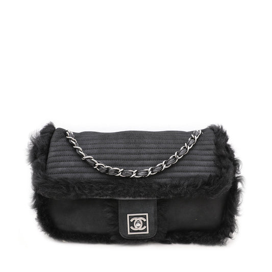 Chanel Black CC Mouton Fur Flap Bag