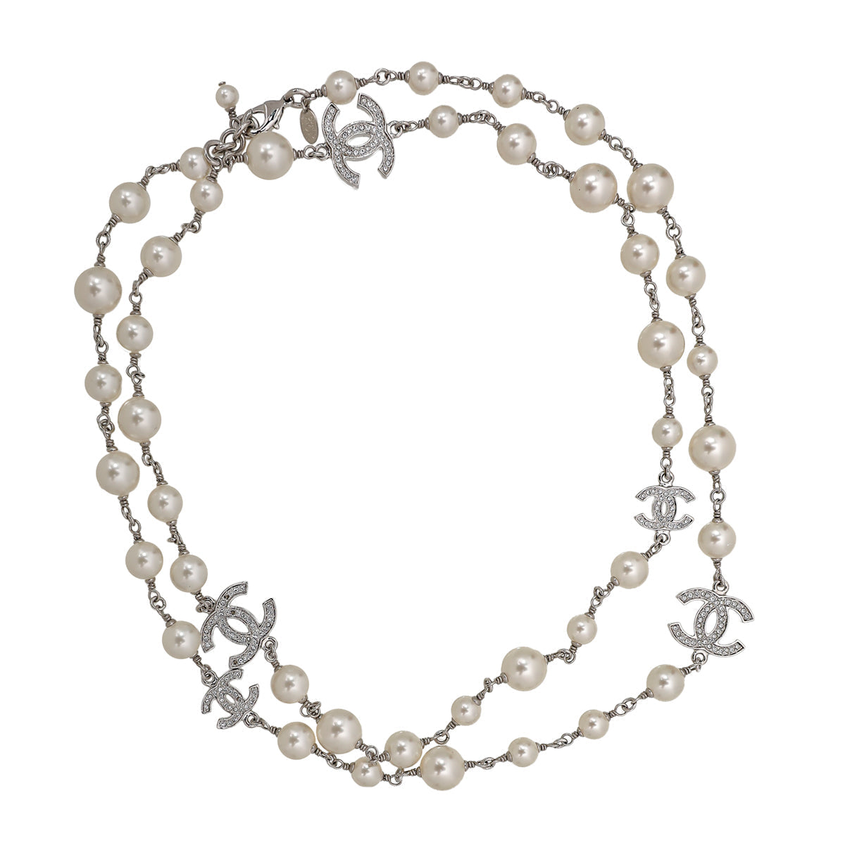 Chanel White CC Pearl Long Necklace