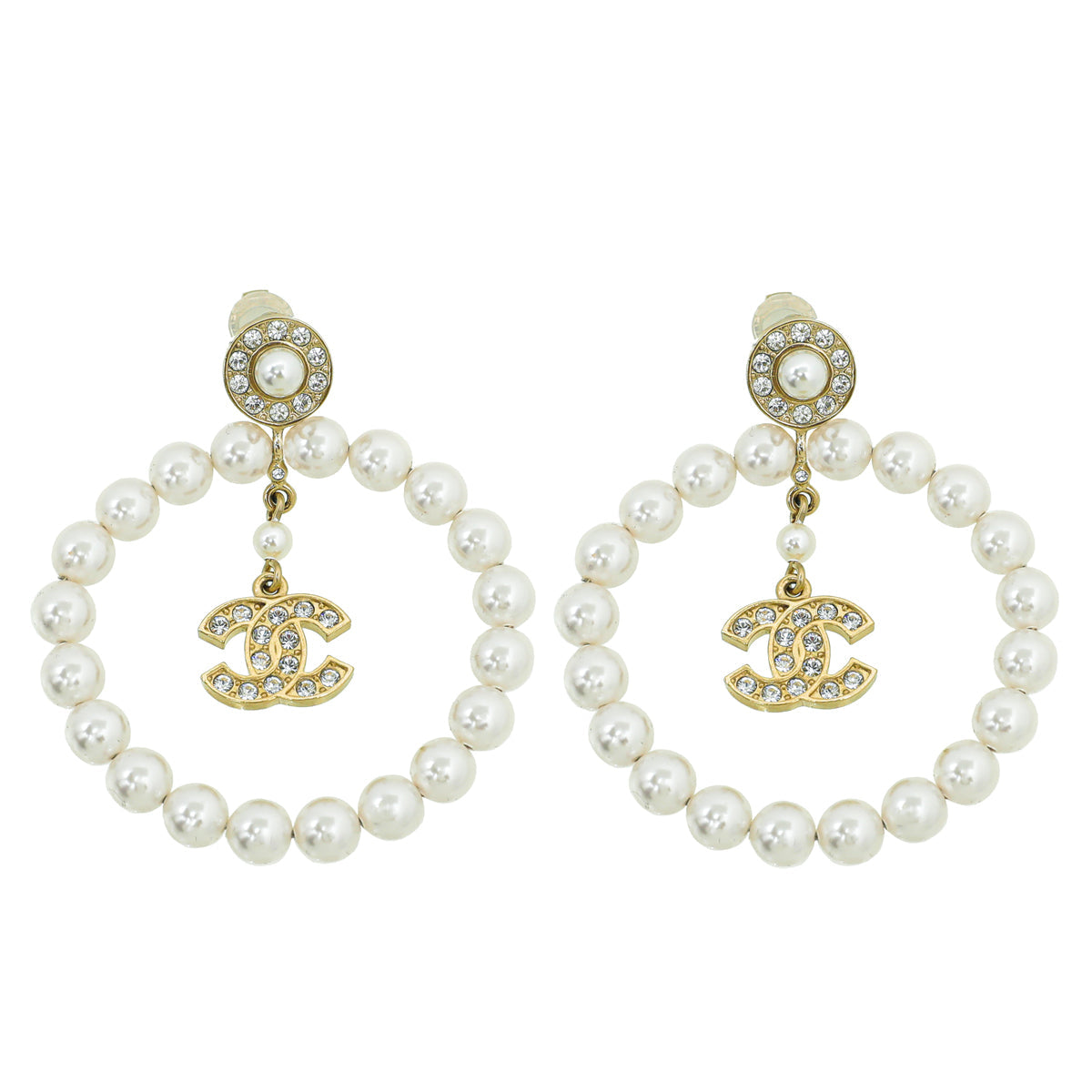 Chanel Gold CC Pearl Round Earrings