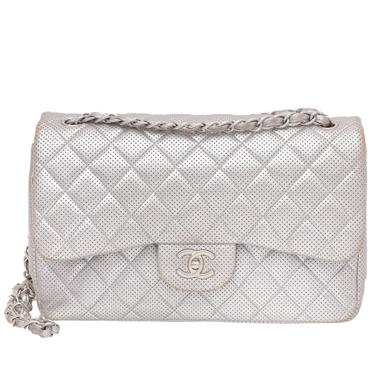Chanel Silver CC Perforated Classic Double Flap Bag