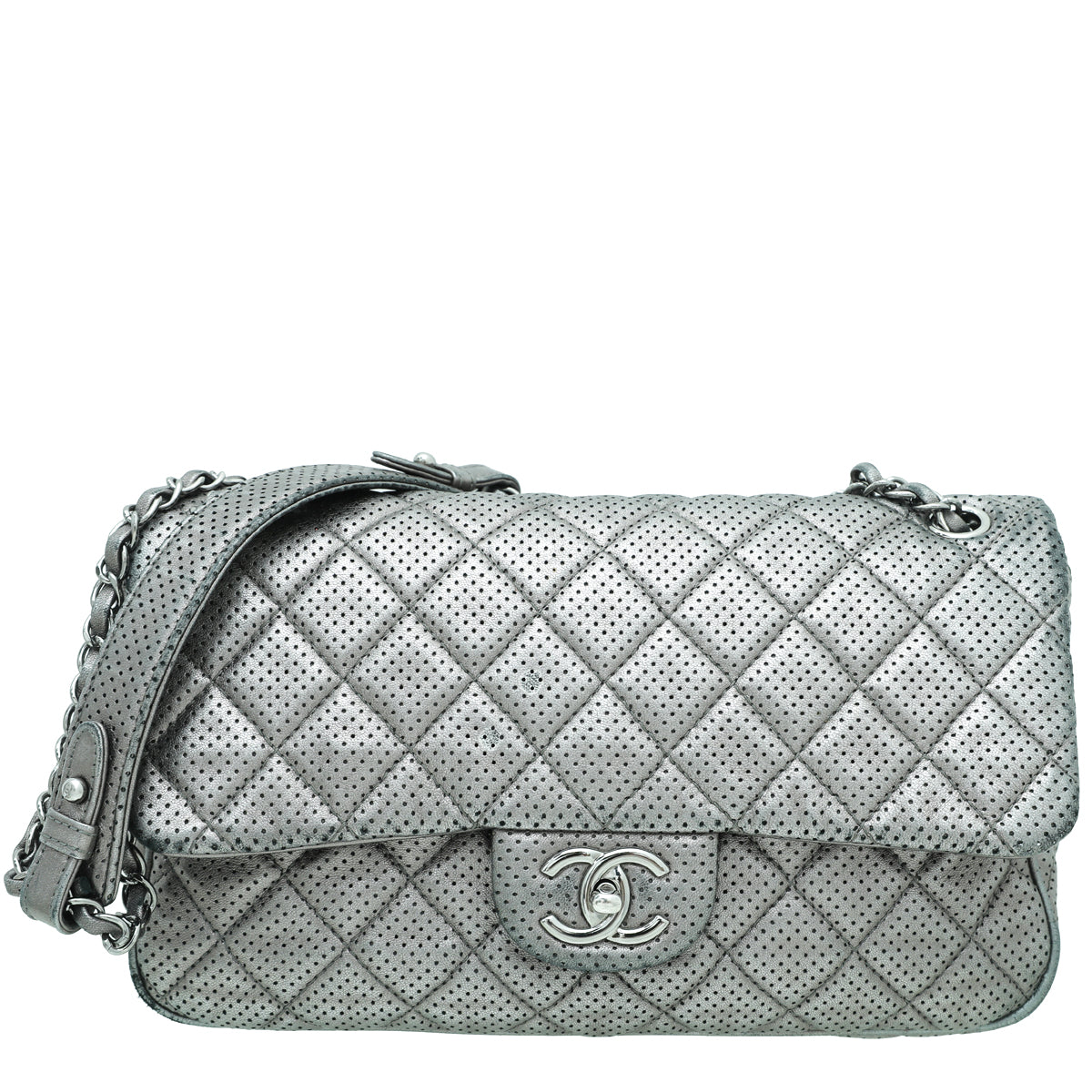 Chanel Metallic Grey CC Perforated Flap Jumbo Bag