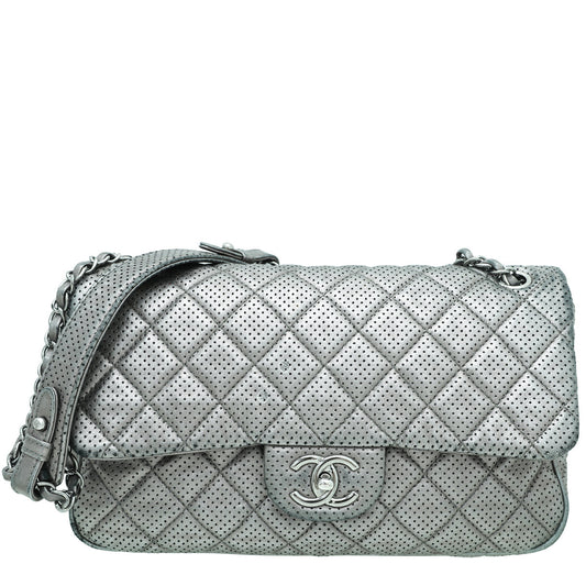 Chanel Metallic Grey CC Perforated Flap Jumbo Bag
