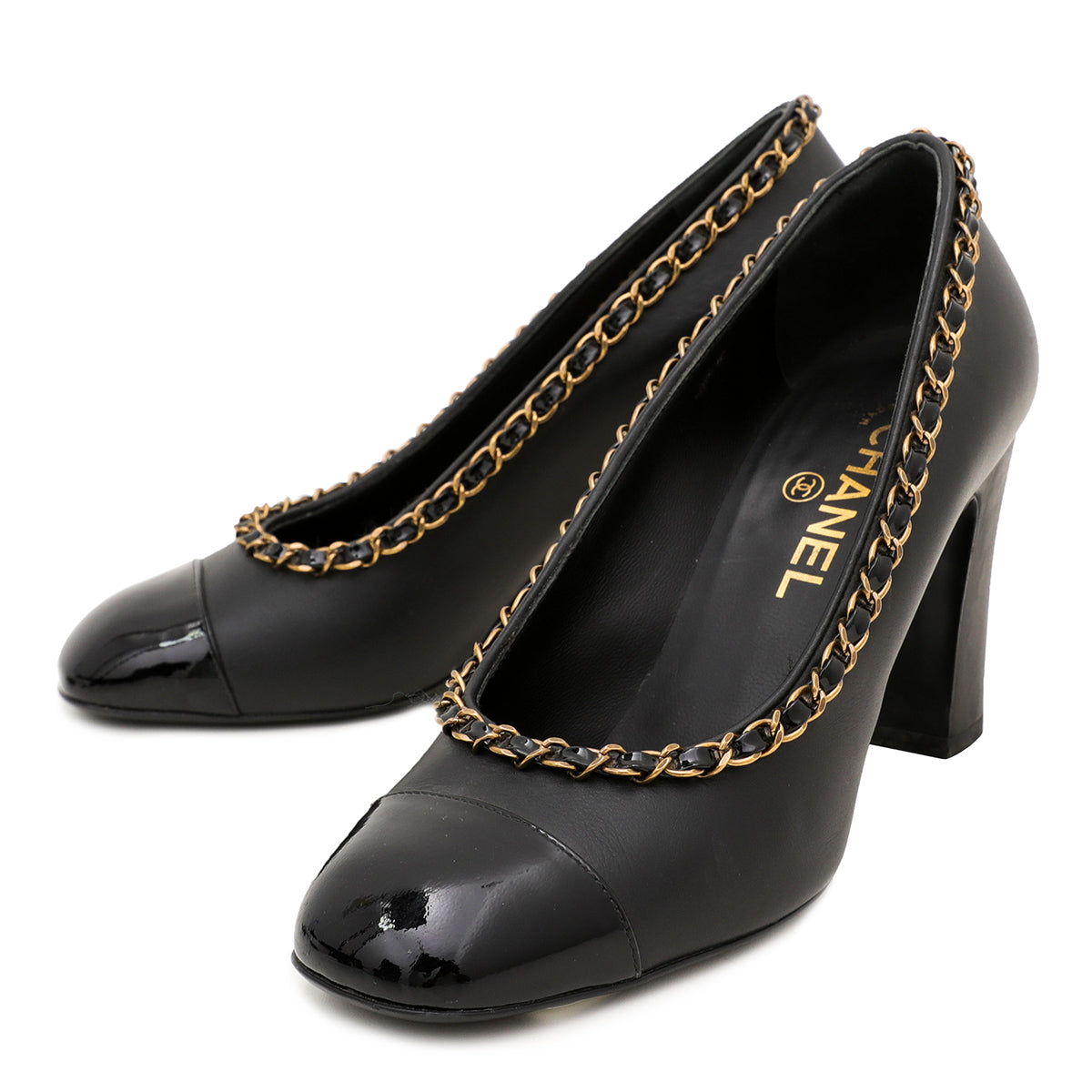 Chanel Black Chain Around Cap Toe Pumps 37.5