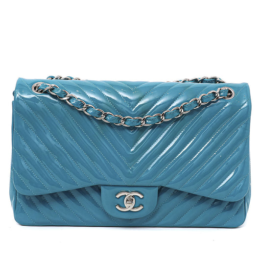 Chanel Sea Green Chevron Jumbo Double Flap