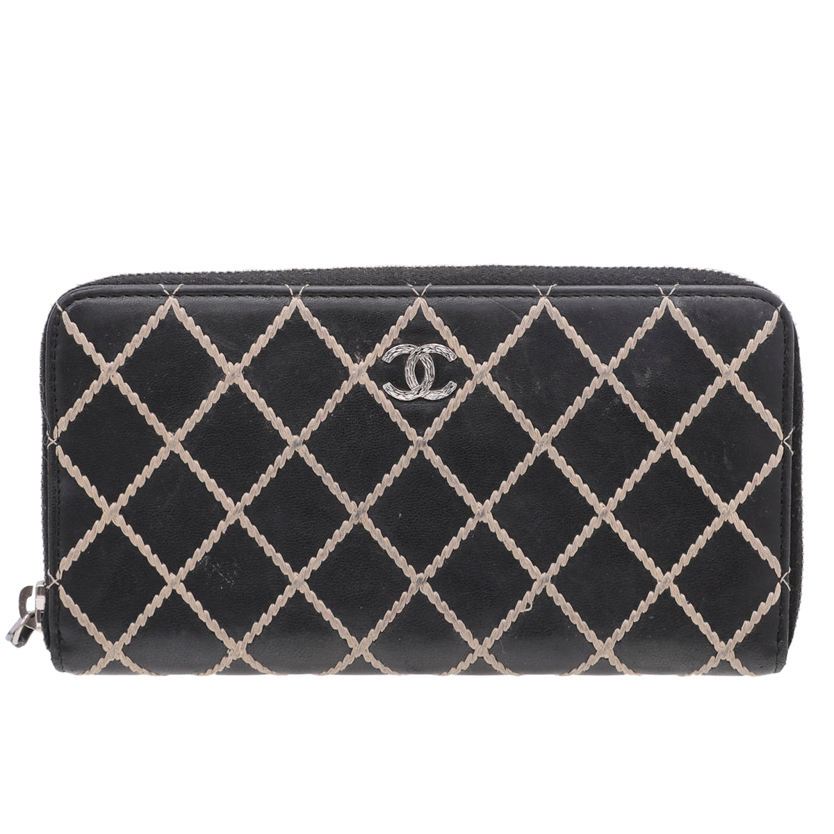 Chanel Black Coco Mark Wild Stitch Zip Around Wallet