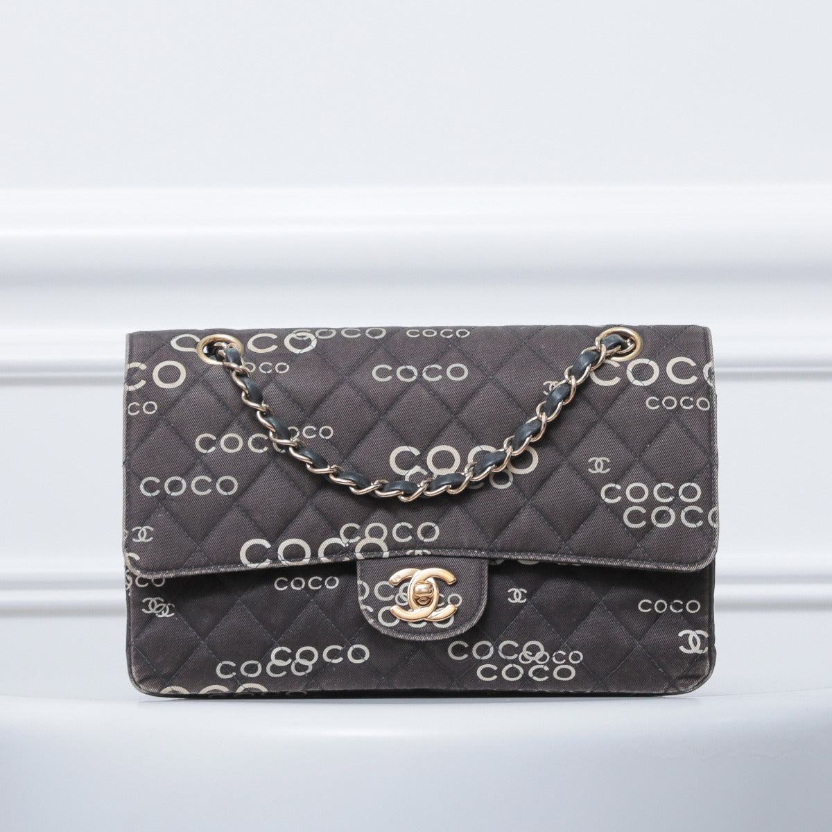 Chanel Black Coco Print Fabric Double Flap Medium
