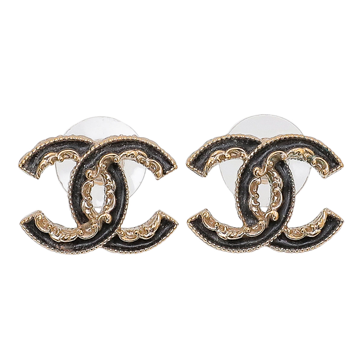 Chanel Black CC Enamel Baroque Stud Earrings
