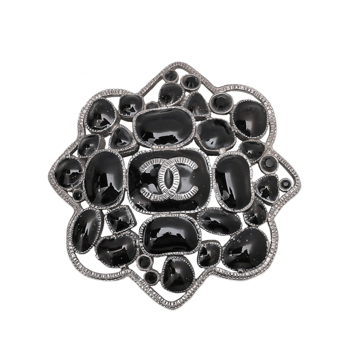 Chanel Black CC Gripoix Ruthenium Brooch