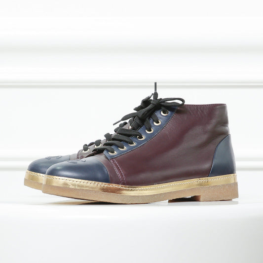 Chanel Gold-Burgundy-Blue Hi Cut Sneakers 40