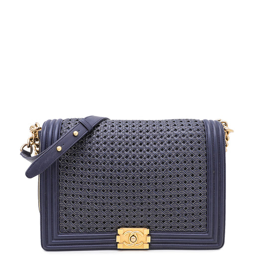Chanel Navy Blue Le Boy Braided Sheepskin Reverso Flap Large Bag